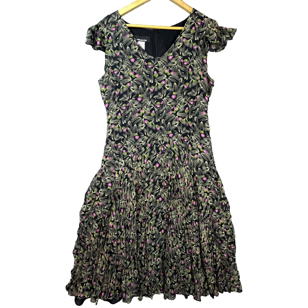 Jones New York Midi Dress Womens 12 Black Pink Floral 100% Silk Dark Romantic